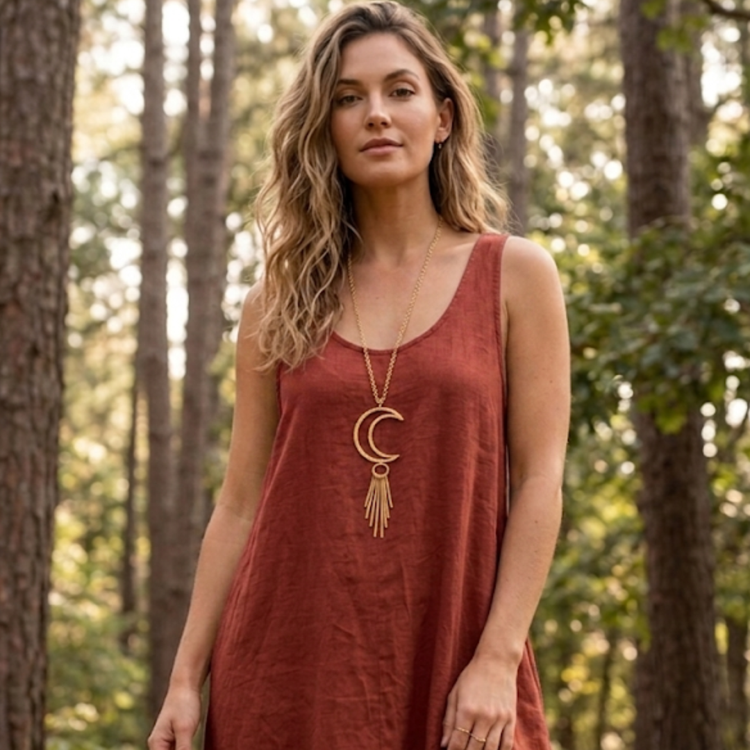 Large Raw Brass Crescent Moon & Spike Fringe Statement Necklace – 26" Long Chain