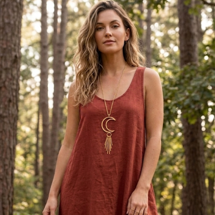 Large Raw Brass Crescent Moon & Spike Fringe Statement Necklace – 26" Long Chain