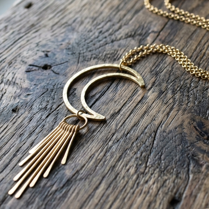 Large Raw Brass Crescent Moon & Spike Fringe Statement Necklace – 26" Long Chain