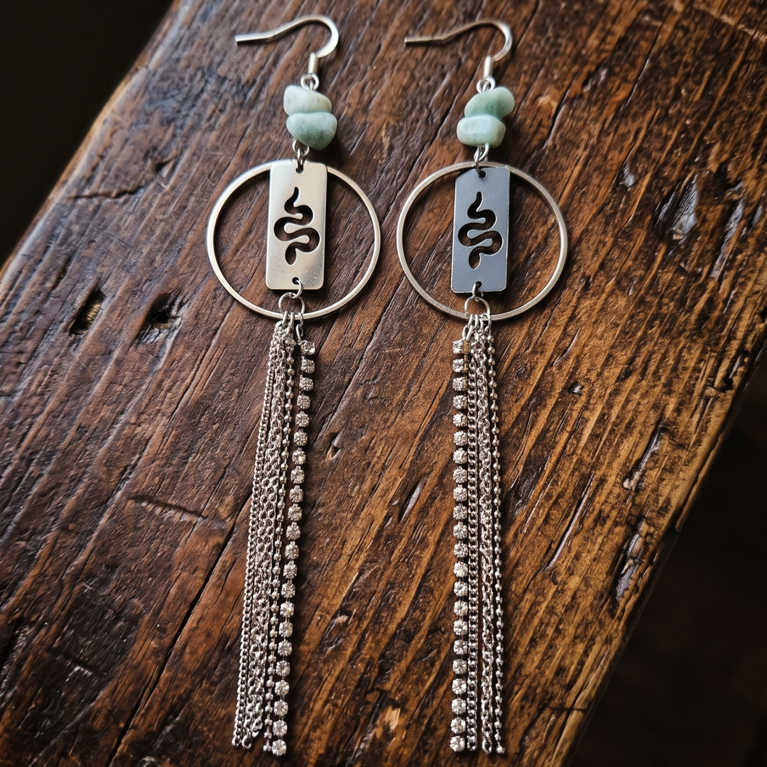 Boho Snake Dangle Earrings with Amazonite & Rhinestone Fringe, 5-Inch Stainless Steel Statement Jewelry