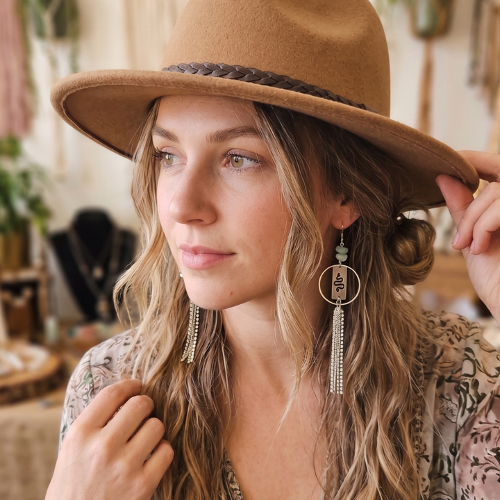 Boho Snake Dangle Earrings with Amazonite & Rhinestone Fringe, 5-Inch Stainless Steel Statement Jewelry
