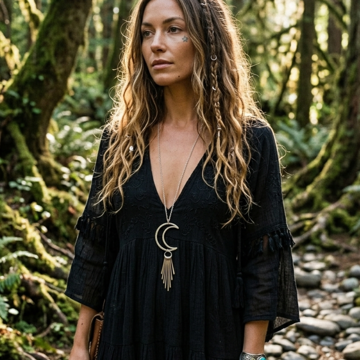 Stainless Steel Crescent Moon Fringe Necklace – Long Boho Statement Pendant