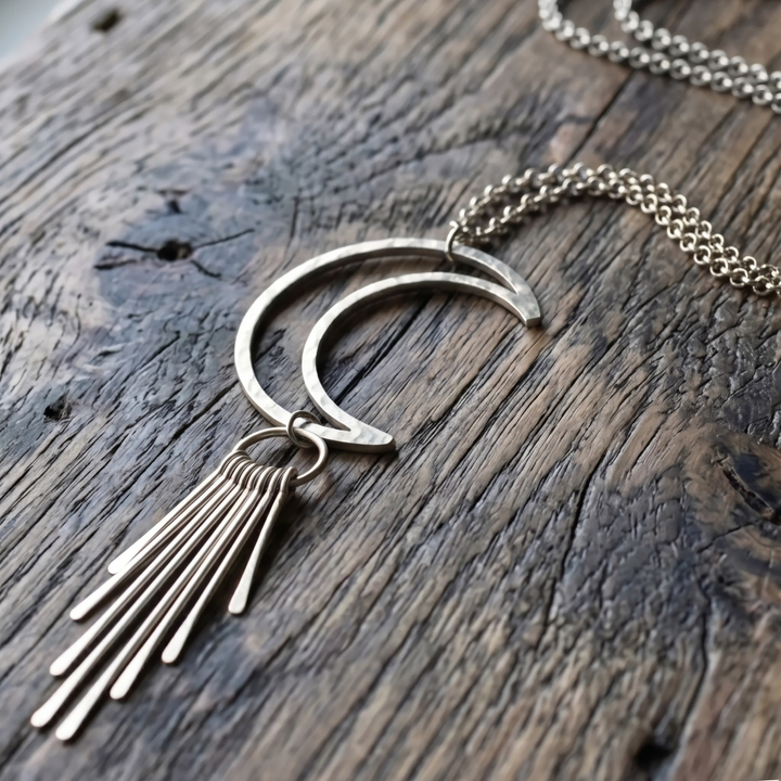 Stainless Steel Crescent Moon Fringe Necklace – Long Boho Statement Pendant
