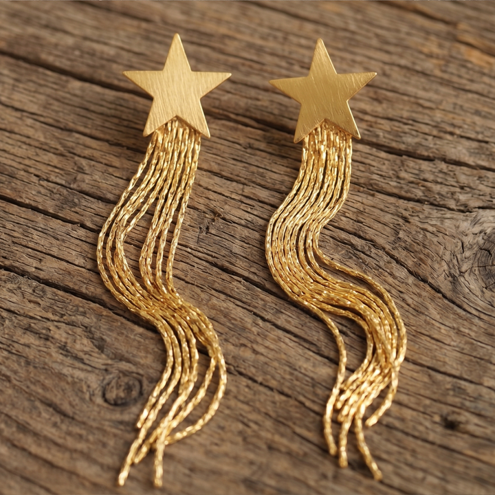 Boho Gold Star Fringe Earrings – Raw Brass & 18k Gold Plated Snake Chain Dangles