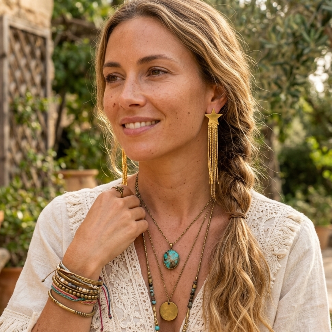 Boho Gold Star Fringe Earrings – Raw Brass & 18k Gold Plated Snake Chain Dangles