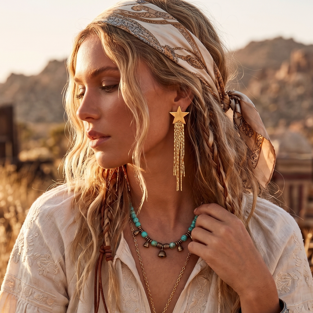 Boho Gold Star Fringe Earrings – Raw Brass & 18k Gold Plated Snake Chain Dangles