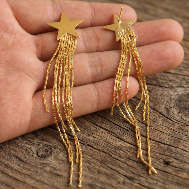 Boho Gold Star Fringe Earrings – Raw Brass & 18k Gold Plated Snake Chain Dangles