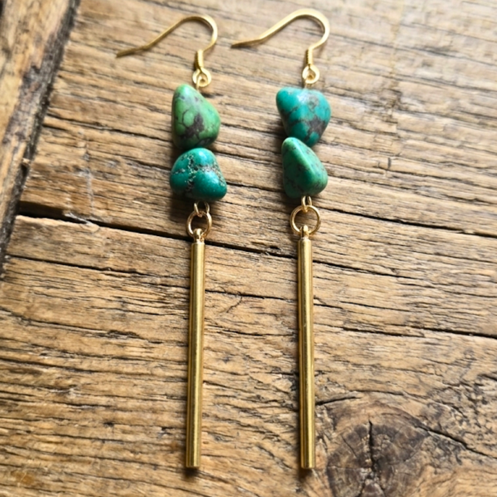 Long Green Turquoise & 18k Gold Plated Bar Drop Earrings | 3" Long