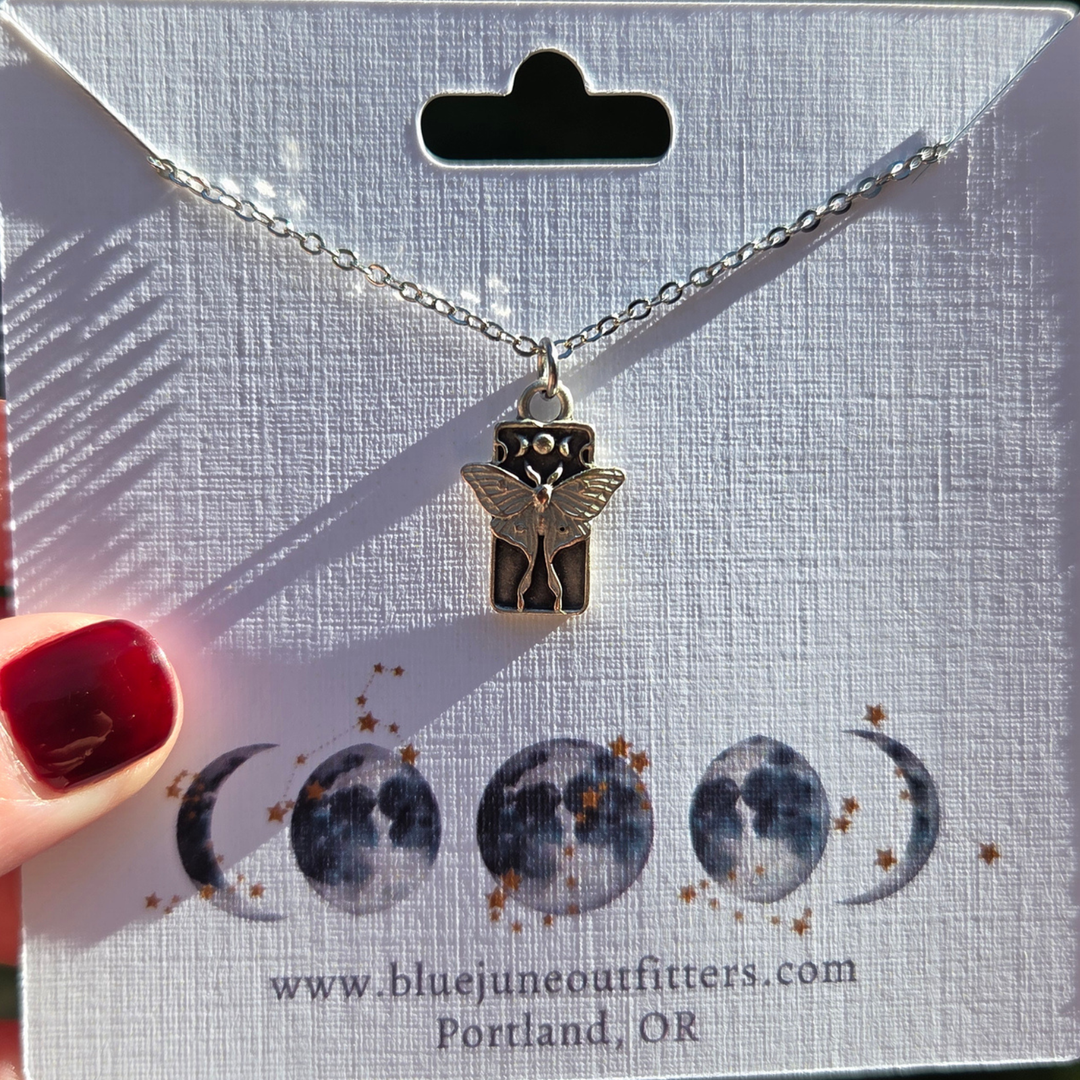 Luna Moth Moon Phase Pendant Necklace – Handcrafted Artisan Silver & Stainless Steel