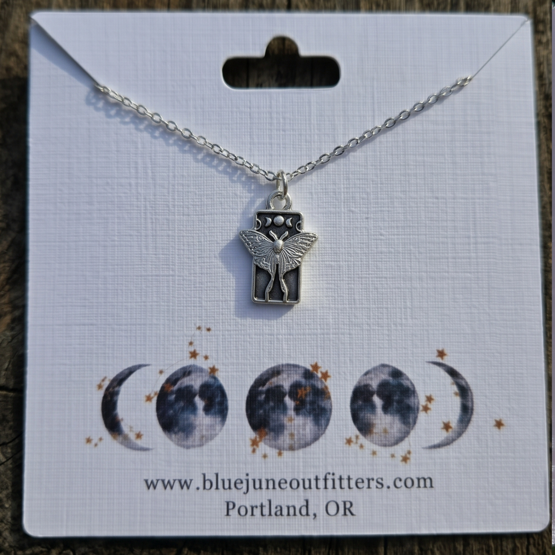 Luna Moth Moon Phase Pendant Necklace – Handcrafted Artisan Silver & Stainless Steel
