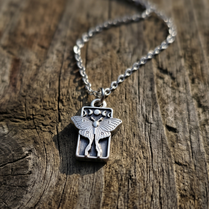 Luna Moth Moon Phase Pendant Necklace – Handcrafted Artisan Silver & Stainless Steel