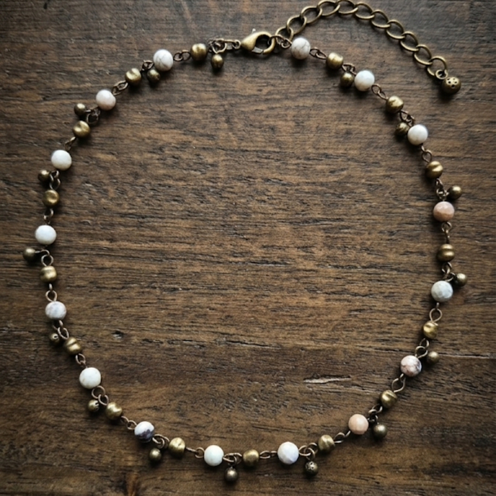 Earthy Magnesite & Raw Brass Boho Choker Necklace – 16" to 18"