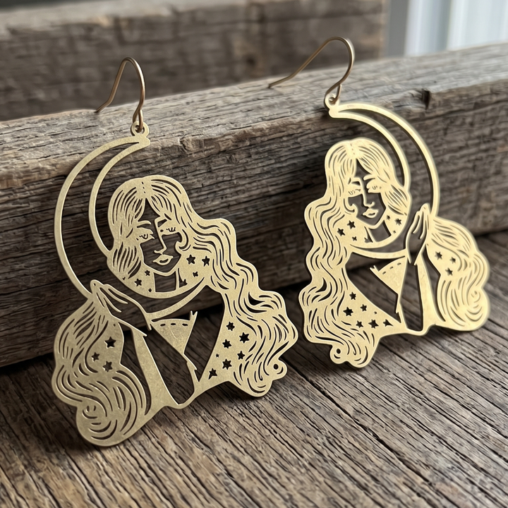Moon Goddess Raw Brass Statement Earrings – 18k Gold Plated Celestial Jewelry