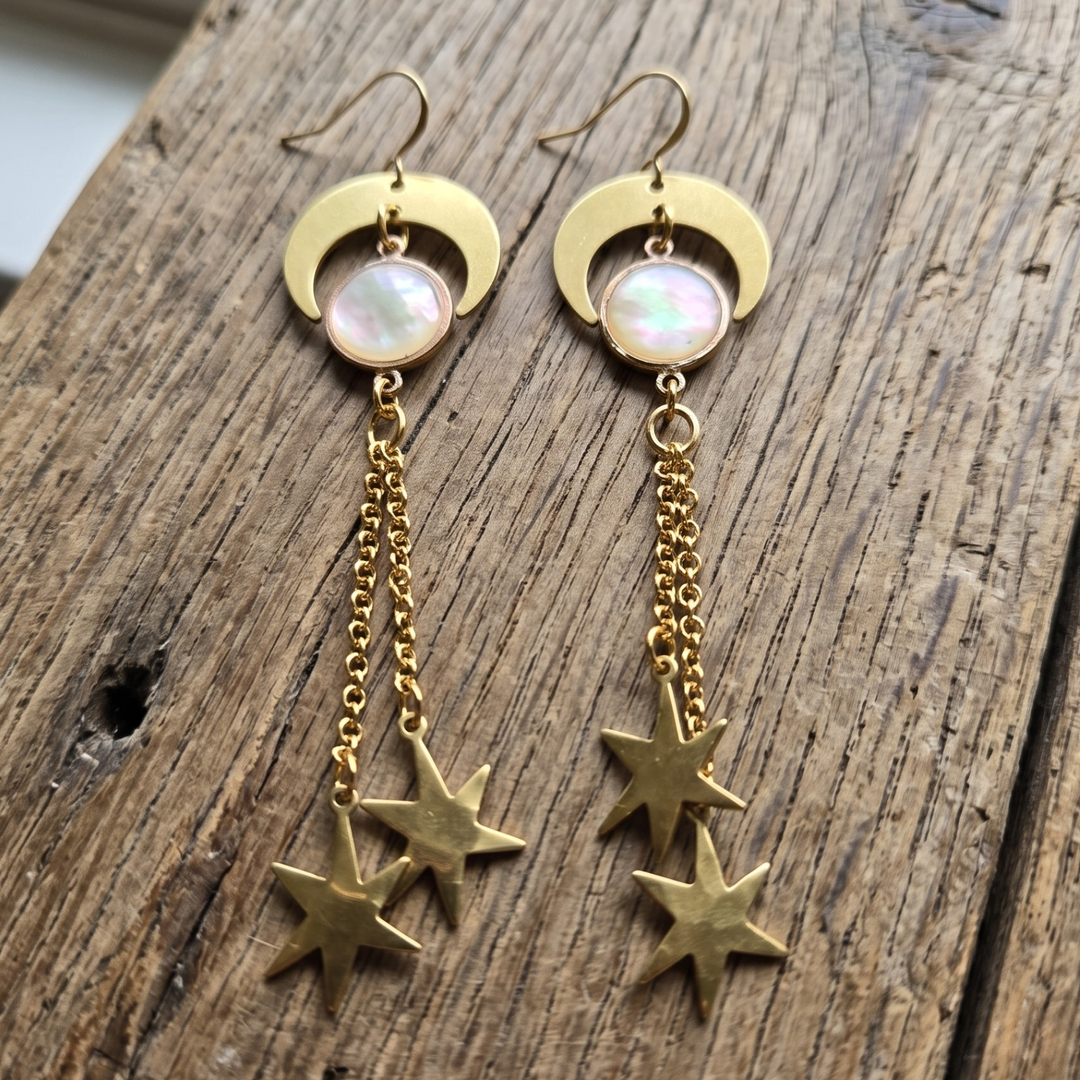 Long Gold Moon Star Dangle Earrings - Raw Hammered Brass & Mother of Pearl Boho Celestial Statement Earrings - 18k Gold-Plated Wires