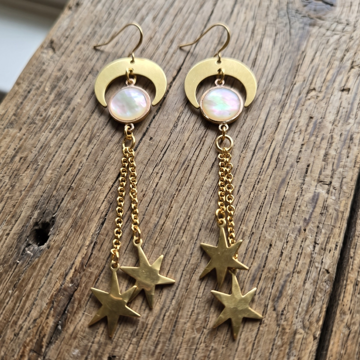 Long Gold Moon Star Dangle Earrings - Raw Hammered Brass & Mother of Pearl Boho Celestial Statement Earrings - 18k Gold-Plated Wires