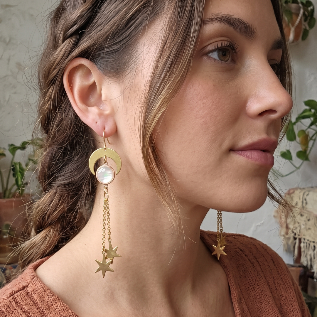 Long Gold Moon Star Dangle Earrings - Raw Hammered Brass & Mother of Pearl Boho Celestial Statement Earrings - 18k Gold-Plated Wires