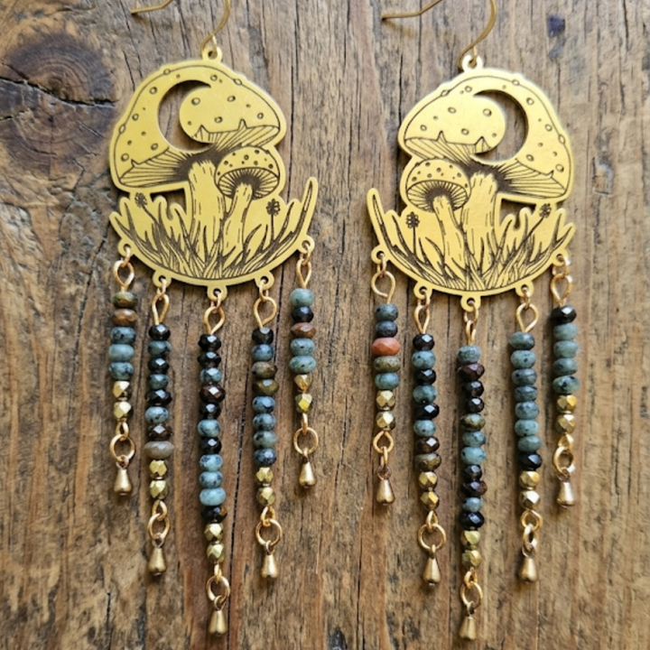 Celestial Mushroom Dangle Earrings with African Turquoise & Pyrite – Brass Boho Drops