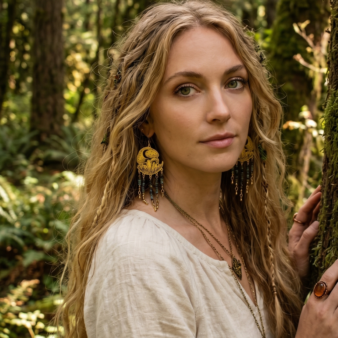 Celestial Mushroom Dangle Earrings with African Turquoise & Pyrite – Brass Boho Drops