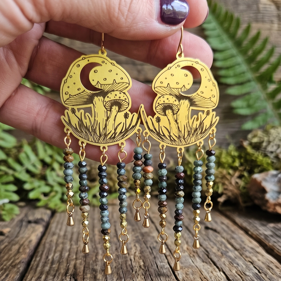 Celestial Mushroom Dangle Earrings with African Turquoise & Pyrite – Brass Boho Drops
