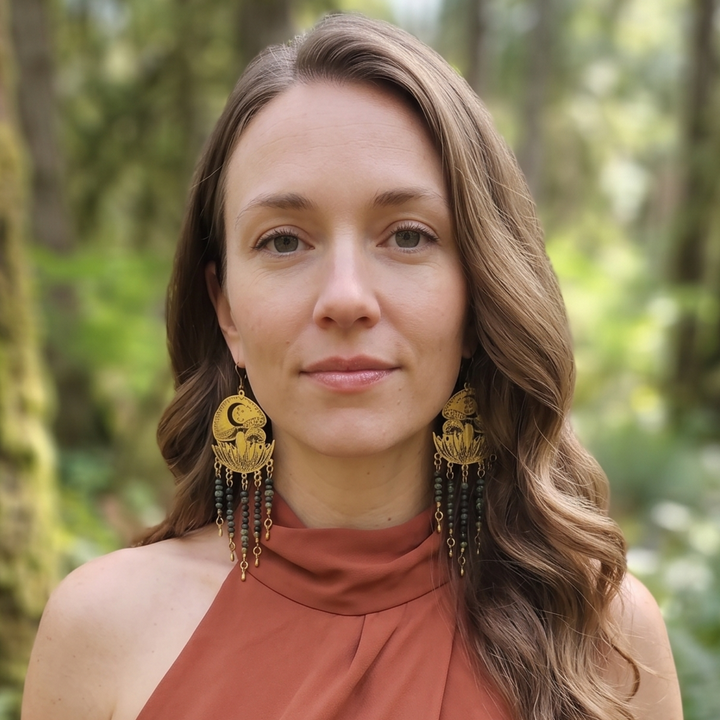 Celestial Mushroom Dangle Earrings with African Turquoise & Pyrite – Brass Boho Drops