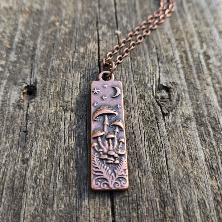 Antique Copper Celestial Mushroom Bar Necklace