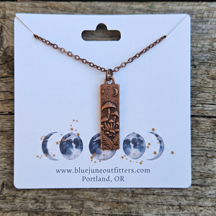 Antique Copper Celestial Mushroom Bar Necklace
