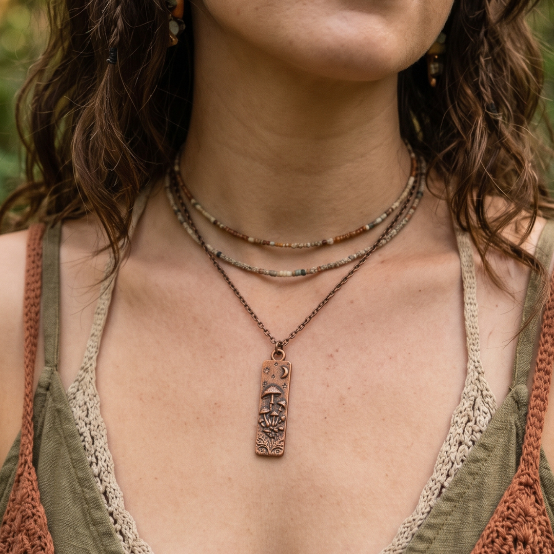 Antique Copper Celestial Mushroom Bar Necklace