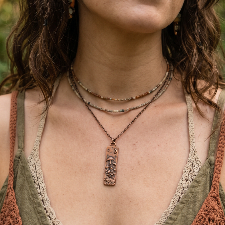 Antique Copper Celestial Mushroom Bar Necklace