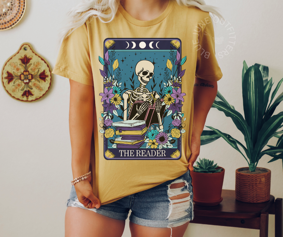 The Reader Skeleton Floral Tarot Tee | Witchy Book Lover Shirt