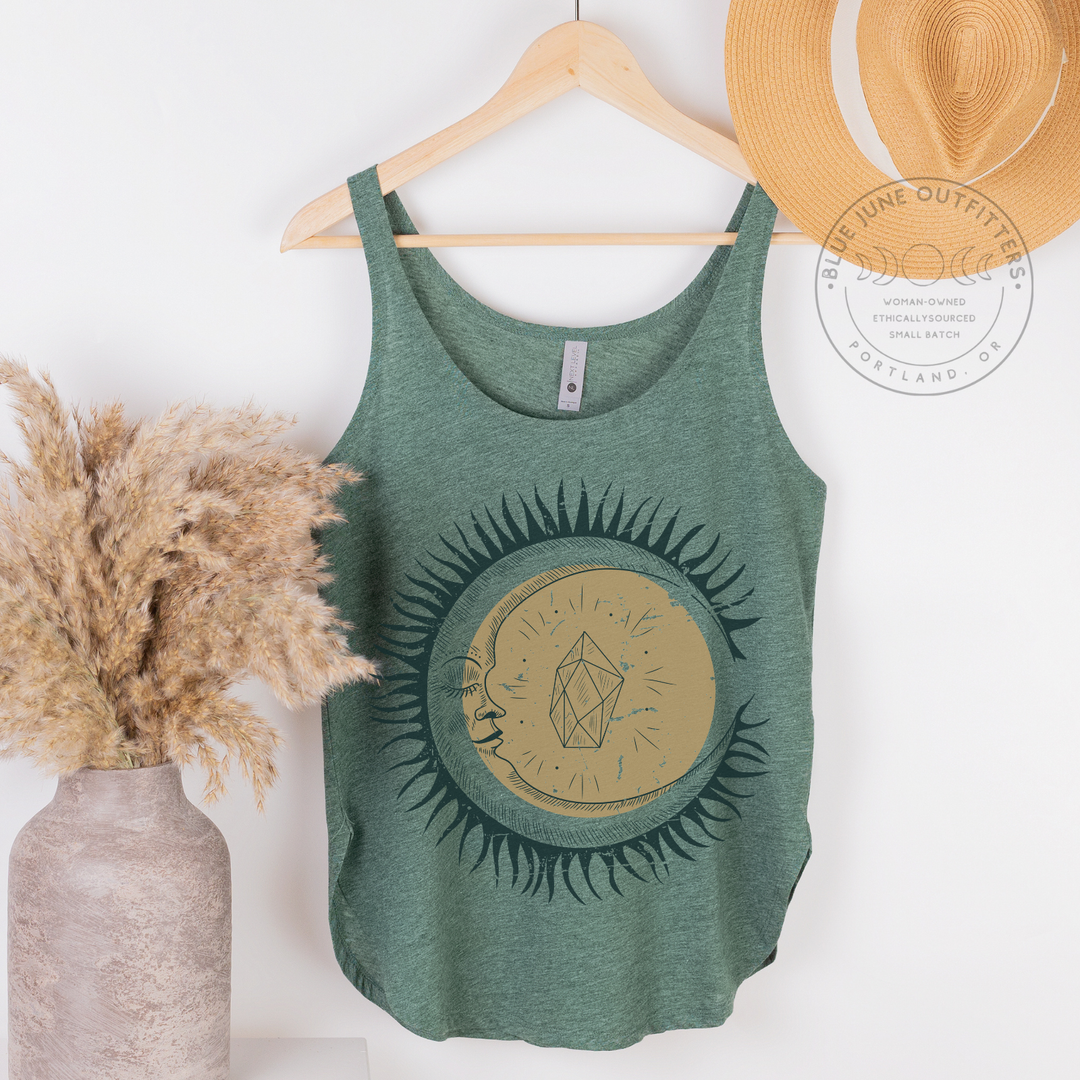 Celestial Moon Face And Crystals | Women's Festival Tank