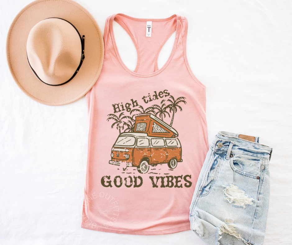 High Tides Good Vibes Women’s Racerback Tank Top – Retro Beach Tank