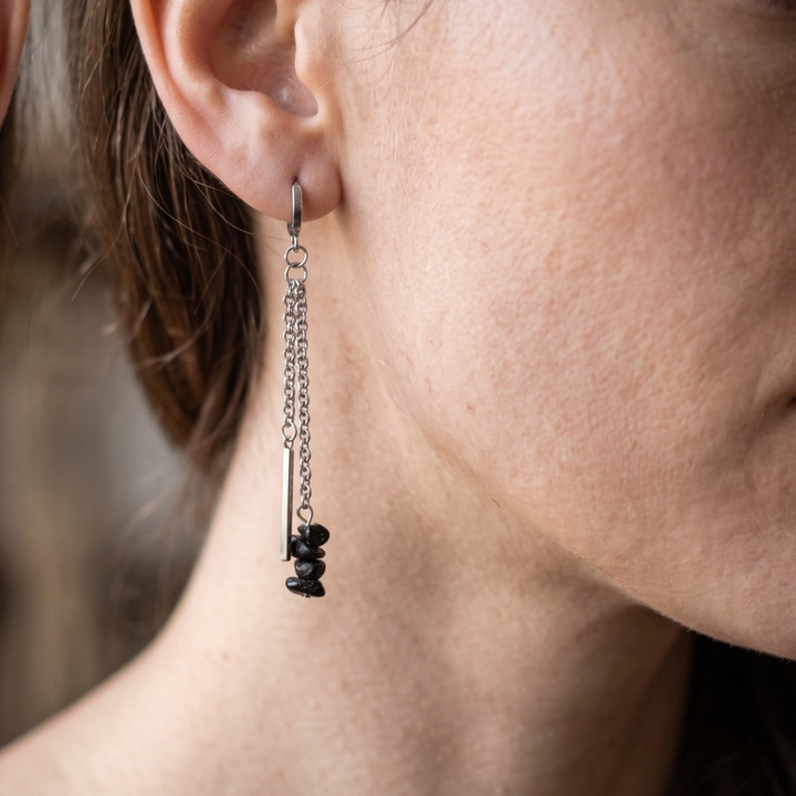 Black Obsidian & Stainless Steel Chain Dangle Huggie Earrings