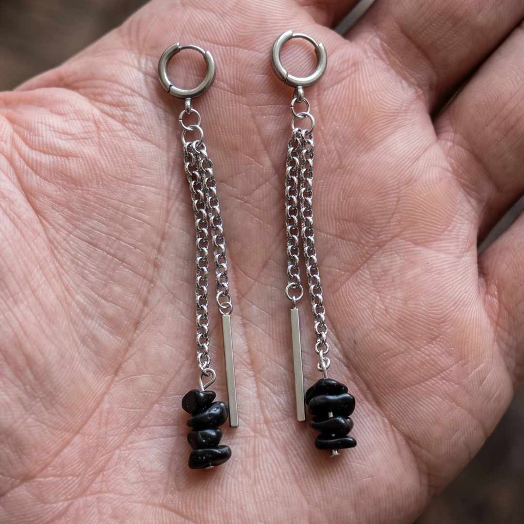 Black Obsidian & Stainless Steel Chain Dangle Huggie Earrings