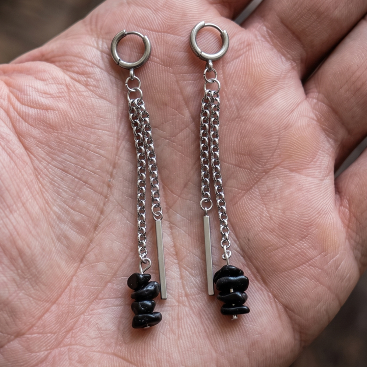 Black Obsidian & Stainless Steel Chain Dangle Huggie Earrings