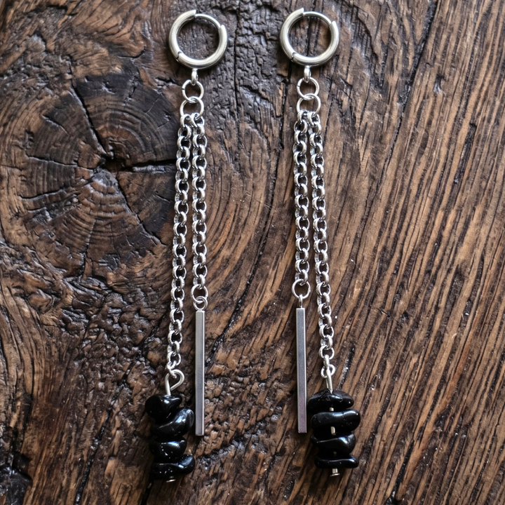 Black Obsidian & Stainless Steel Chain Dangle Huggie Earrings