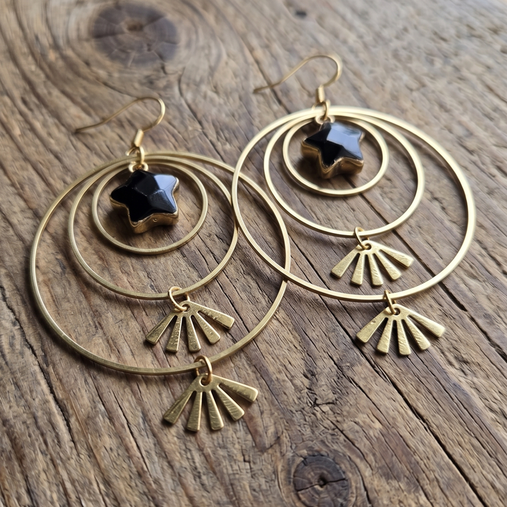 Black Obsidian Star Celestial Hoop Earrings – Brass & 18k Gold Boho Dangles
