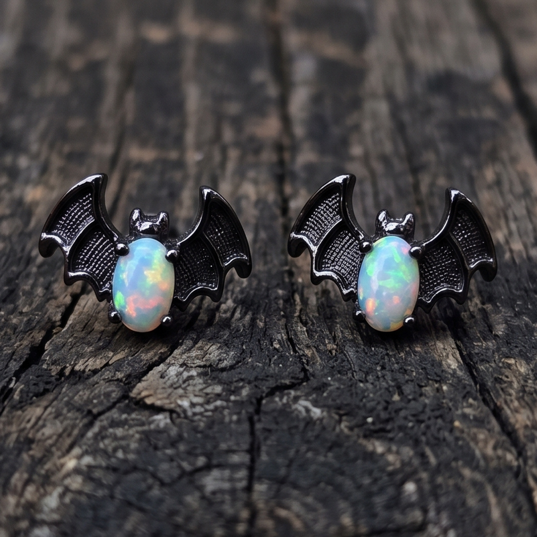 Mystical Bat Studs Man Made Fire Opal Stainless Steel