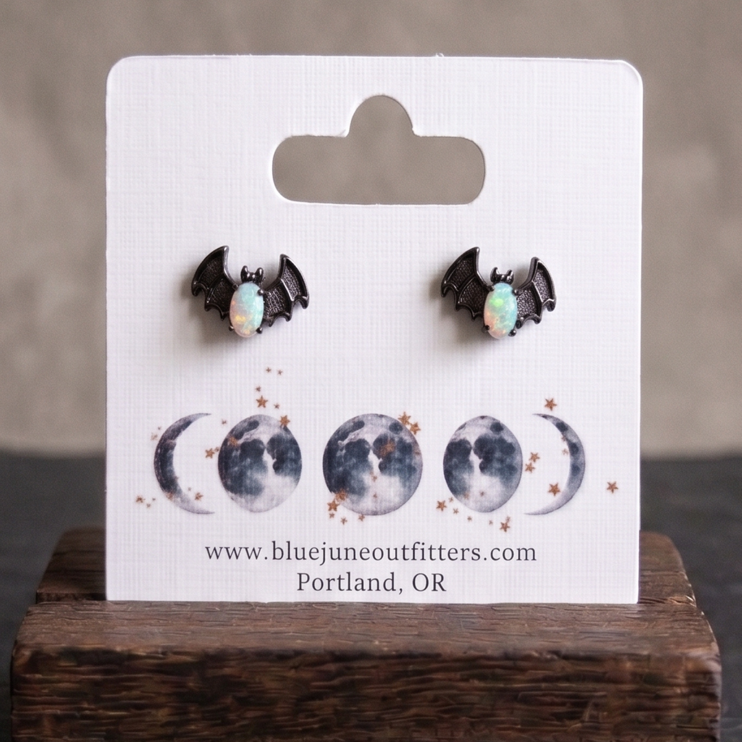 Mystical Bat Studs Man Made Fire Opal Stainless Steel