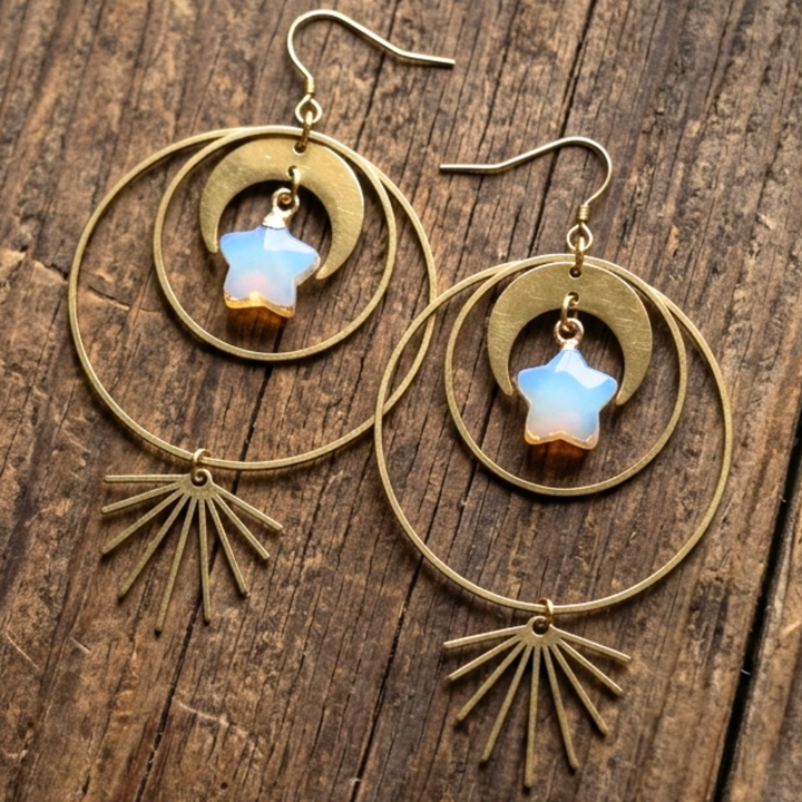 Opalite Star & Raw Brass Moon Earrings - Celestial Boho Dangles