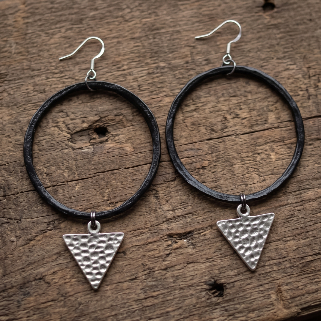 Organic Black Pewter Hoop Earrings with Hammered Antique Silver Triangle Charms