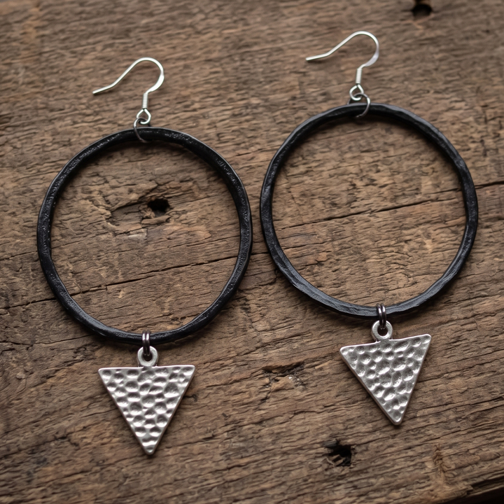 Organic Black Pewter Hoop Earrings with Hammered Antique Silver Triangle Charms