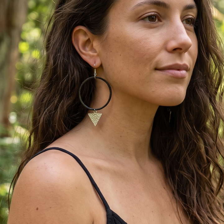 Organic Black Pewter Hoop Earrings with Hammered Antique Silver Triangle Charms