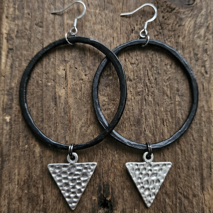 Organic Black Pewter Hoop Earrings with Hammered Antique Silver Triangle Charms