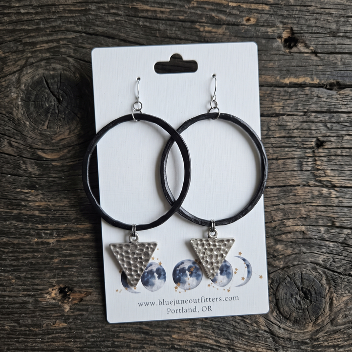 Organic Black Pewter Hoop Earrings with Hammered Antique Silver Triangle Charms