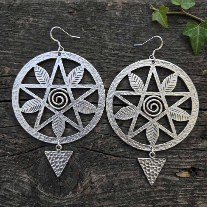 Oversized Antique Silver Pentacle Statement Earrings – Heavy Dangle Drop
