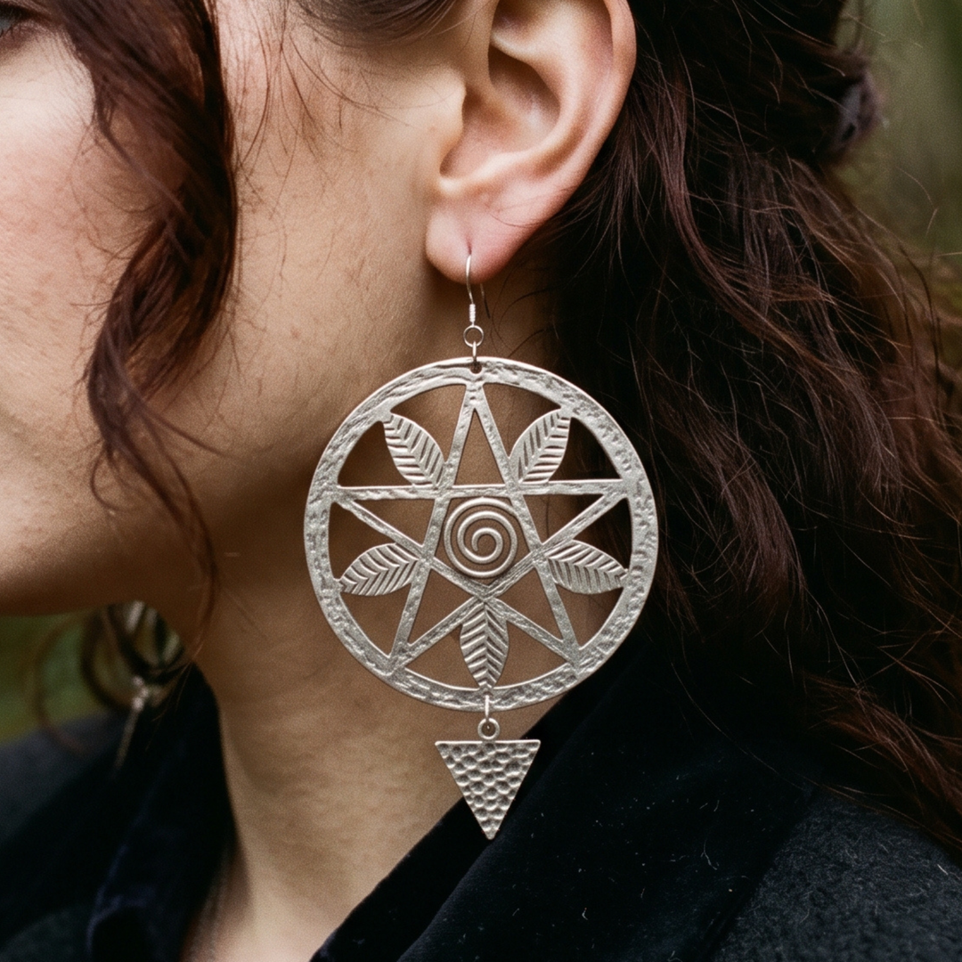 Oversized Antique Silver Pentacle Statement Earrings – Heavy Dangle Drop