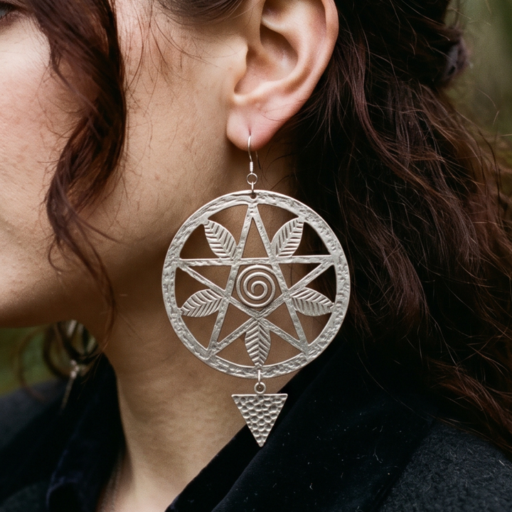 Oversized Antique Silver Pentacle Statement Earrings – Heavy Dangle Drop
