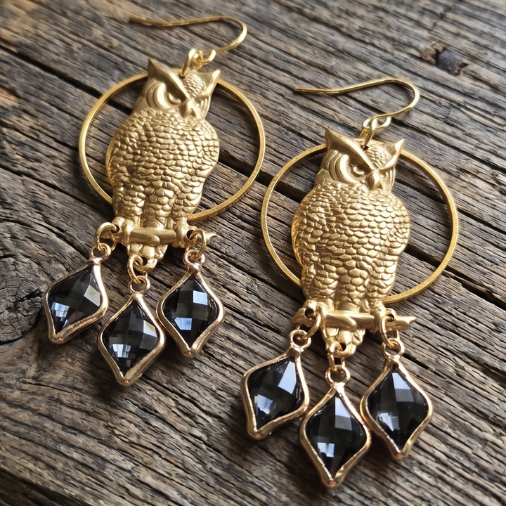 Raw Brass Owl Earrings with Smoky Glass Crystals – Boho Dangle Drop Earrings