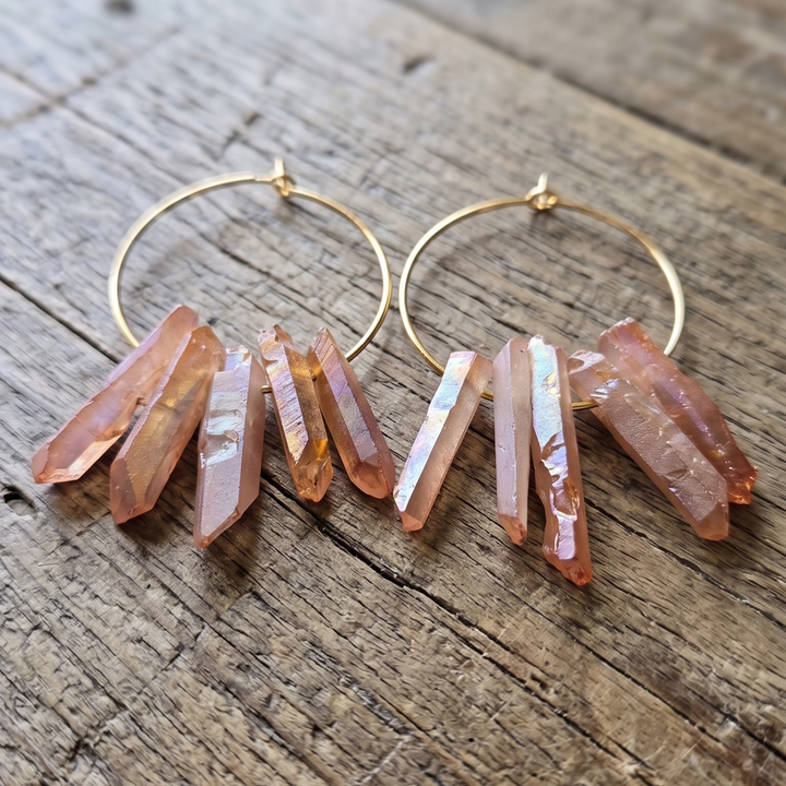 Raw Peach Aura Quartz Crystal Hoop Earrings – 18k Gold Boho Hoops, 30mm