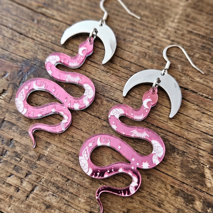 Pink Cosmic Serpent Earrings: Acrylic Snake & Steel Moon Statement Hoops